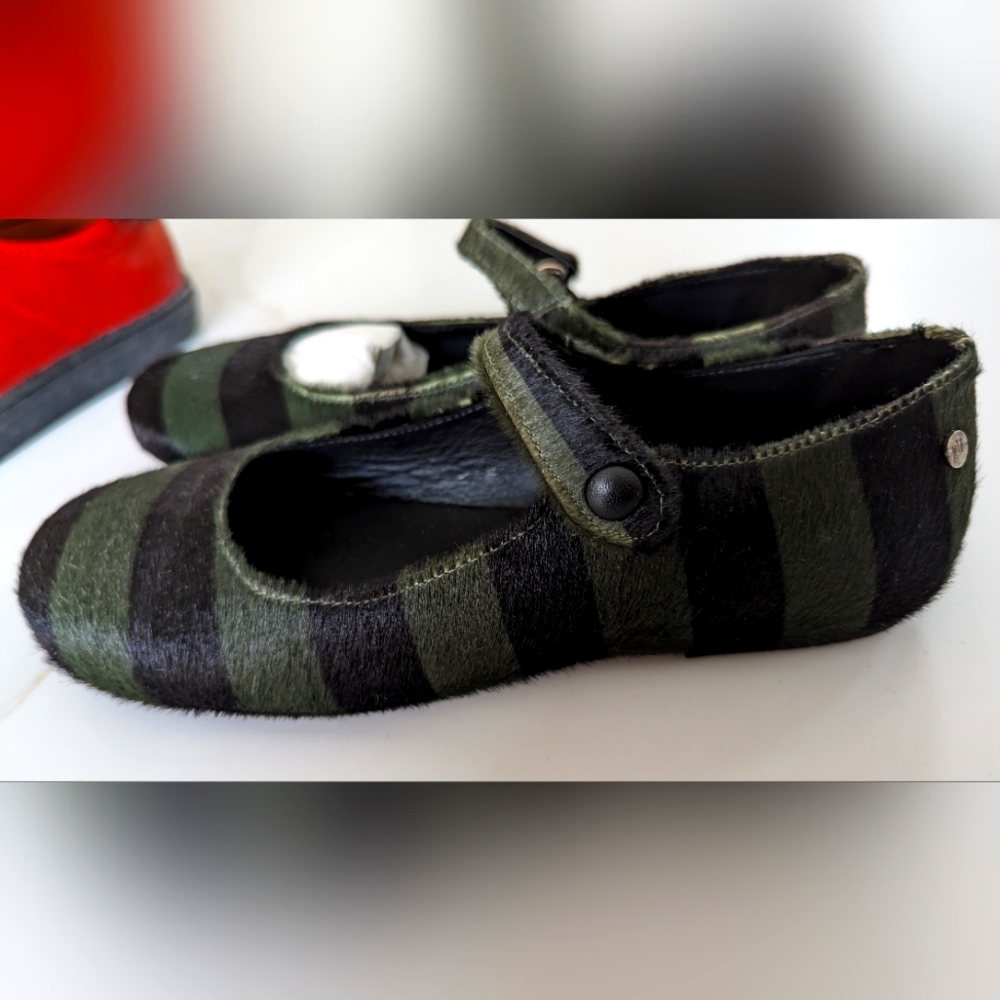 Girls leather Mary Jane dress shoes green/ black stripes Size 34 (4)